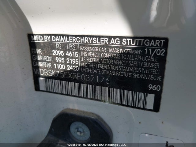 12645619 :رقم المزاد ، WDBSK75FX3F037176 vin ، 2003 Mercedes-benz Sl 500r مزاد بيع