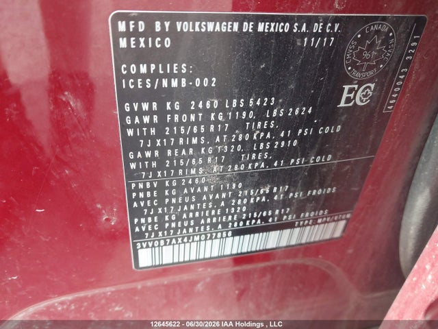 3VV0B7AX4JM077856 Volkswagen TIGUAN S