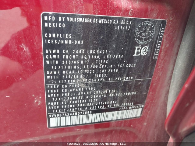 3VV0B7AX4JM077856 Volkswagen TIGUAN S