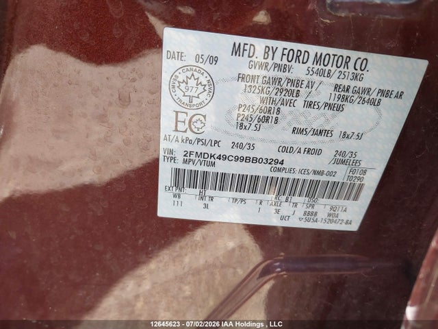 12645623 :رقم المزاد ، 2FMDK49C99BB03294 vin ، 2009 Ford Edge Limited مزاد بيع