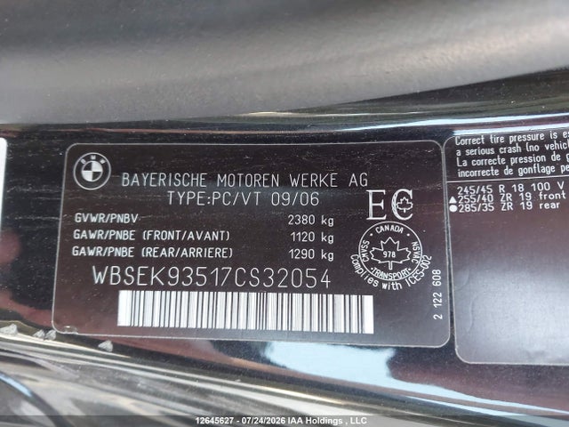 2007 Bmw M6 მანქანა იყიდება აუქციონზე, vin: WBSEK93517CS32054, აუქციონის ნომერი: 12645627