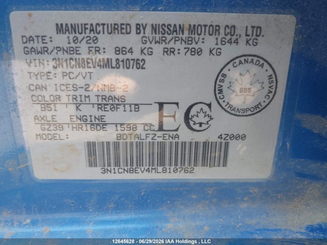 Aukcja sprzedaży 2021 Nissan Versa Sv, vin: 3N1CN8EV4ML810762, numer aukcji: 12645628