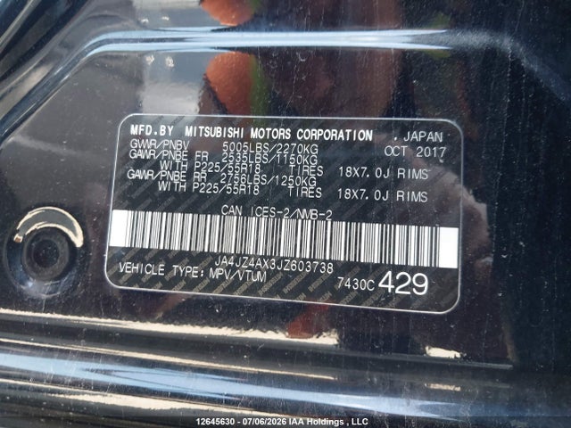 Продаж на аукціоні авто 2018 Mitsubishi Outlander Gt, vin: JA4JZ4AX3JZ603738, номер лоту: 12645630