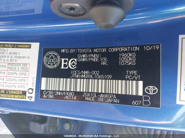 12645634 :رقم المزاد ، JTNKHMBX8L1065109 vin ، 2020 Toyota C-hr Xle/le/limited مزاد بيع