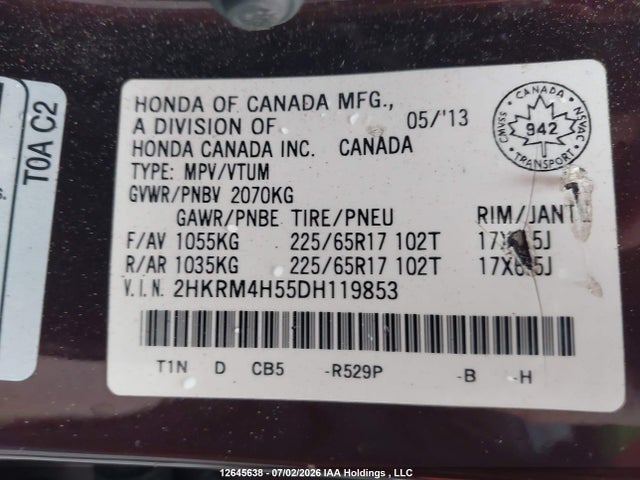 2013 Honda Cr-v Ex მანქანა იყიდება აუქციონზე, vin: 2HKRM4H55DH119853, აუქციონის ნომერი: 12645638