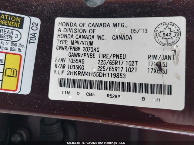 2013 Honda Cr-v Ex მანქანა იყიდება აუქციონზე, vin: 2HKRM4H55DH119853, აუქციონის ნომერი: 12645638