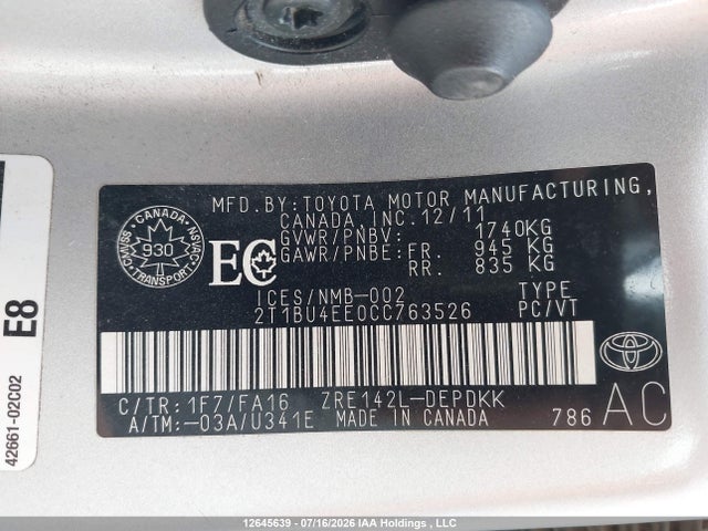 2012 Toyota Corolla Ce მანქანა იყიდება აუქციონზე, vin: 2T1BU4EE0CC763526, აუქციონის ნომერი: 12645639