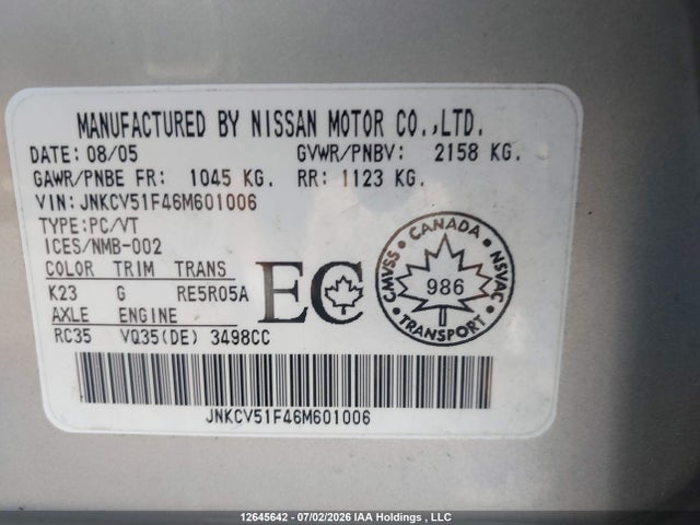 Продаж на аукціоні авто 2006 Infiniti G35, vin: JNKCV51F46M601006, номер лоту: 12645642