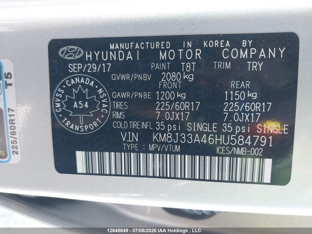 2017 Hyundai Tucson Limited/sport And Eco/se მანქანა იყიდება აუქციონზე, vin: KM8J33A46HU584791, აუქციონის ნომერი: 12645649