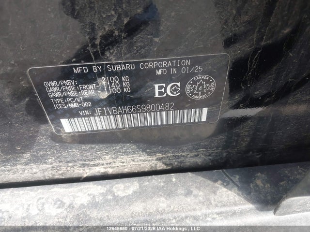 2025 Subaru Wrx Premium მანქანა იყიდება აუქციონზე, vin: JF1VBAH66S9800482, აუქციონის ნომერი: 12645650