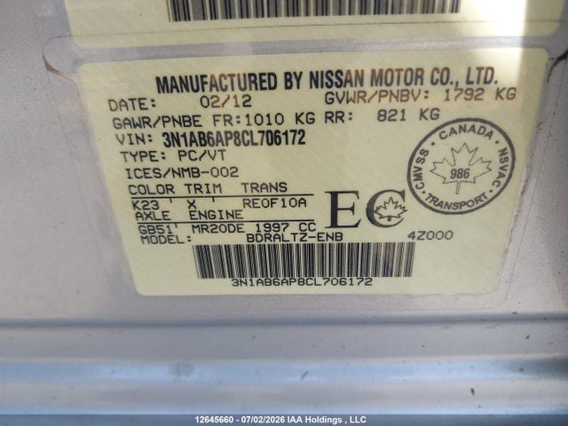 Aukcja sprzedaży 2012 Nissan Sentra 2.0 S, vin: 3N1AB6AP8CL706172, numer aukcji: 12645660