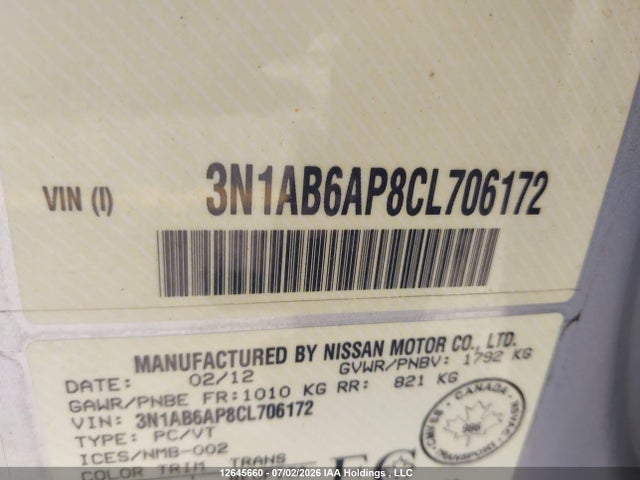 Aukcja sprzedaży 2012 Nissan Sentra 2.0 S, vin: 3N1AB6AP8CL706172, numer aukcji: 12645660