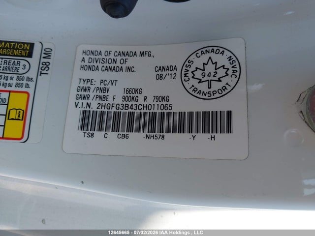 Aukcja sprzedaży 2012 Honda Civic Lx, vin: 2HGFG3B43CH011065, numer aukcji: 12645665