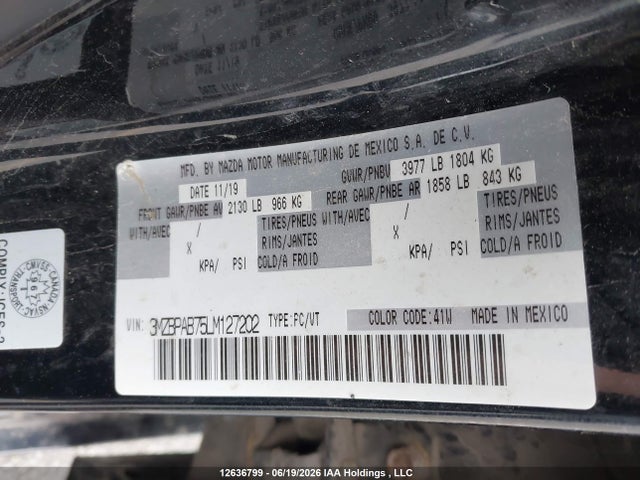 12636799 :رقم المزاد ، 3MZBPAB75LM127202 vin ، 2020 Mazda Mazda3 Gs/gx مزاد بيع