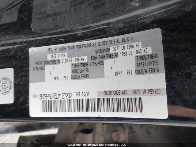 12636799 :رقم المزاد ، 3MZBPAB75LM127202 vin ، 2020 Mazda Mazda3 Gs/gx مزاد بيع