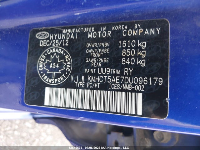 12645673 :رقم المزاد ، KMHCT5AE7DU096179 vin ، 2013 Hyundai Accent مزاد بيع