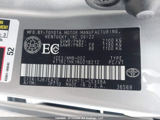 Aukcja sprzedaży 2022 Toyota Camry, vin: 4T1B21HK1NU018212, numer aukcji: 12645686