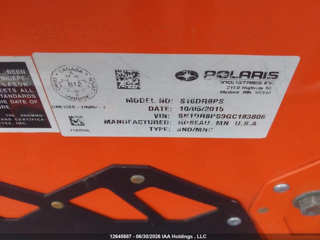 Продажа на аукционе авто 2016 Polaris , vin: SN1DR8PS9GC183806, номер лота: 12645687