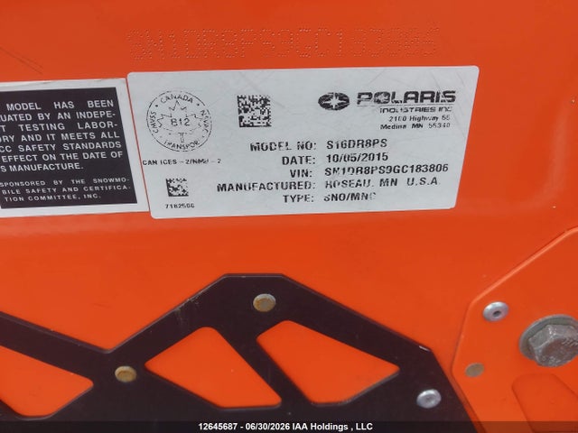 2016 Polaris  მანქანა იყიდება აუქციონზე, vin: SN1DR8PS9GC183806, აუქციონის ნომერი: 12645687