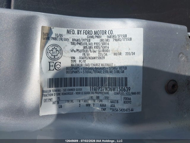 Продажа на аукционе авто 2006 Ford Focus Zx5, vin: 1FAFP37N36W150639, номер лота: 12645689