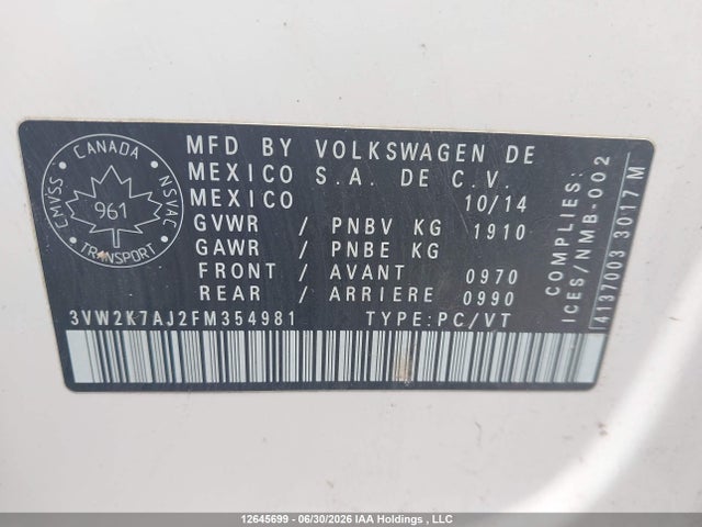 Volkswagen JETTA S 2015 3VW2K7AJ2FM354981 Image 18
