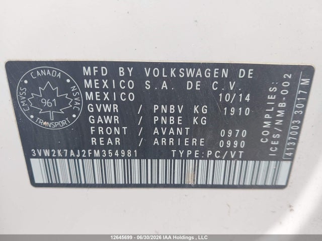 Volkswagen JETTA S 2015 3VW2K7AJ2FM354981 Image 9