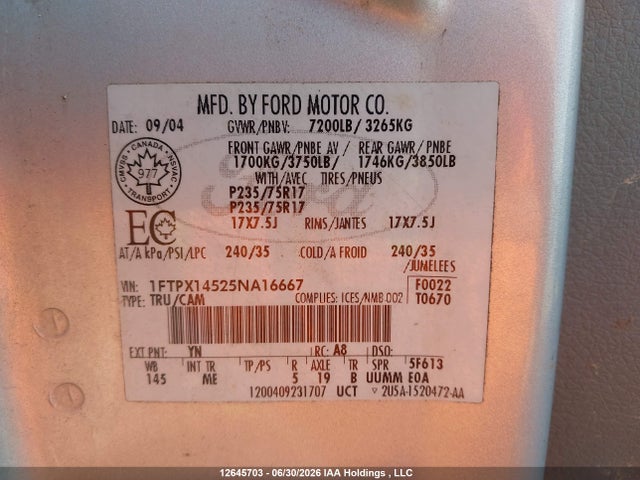 Продаж на аукціоні авто 2005 Ford F150, vin: 1FTPX14525NA16667, номер лоту: 12645703