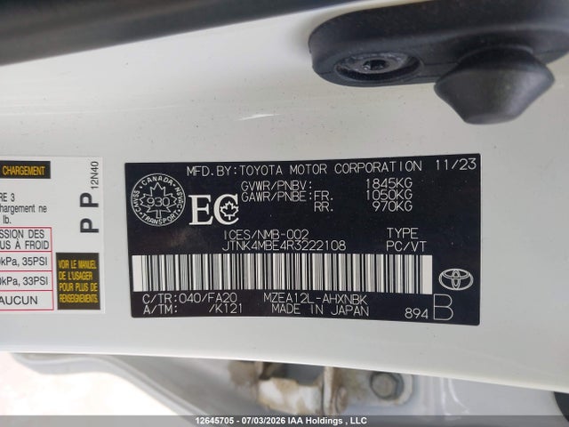 2024 Toyota Corolla მანქანა იყიდება აუქციონზე, vin: JTNK4MBE4R3222108, აუქციონის ნომერი: 12645705