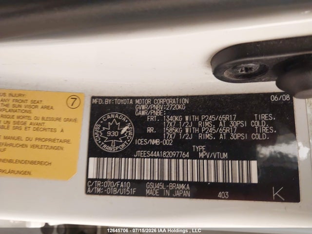 Продаж на аукціоні авто 2008 Toyota Highlander Sr5, vin: JTEES44A182097764, номер лоту: 12645706