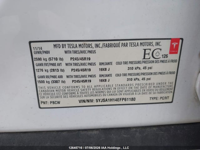 Aukcja sprzedaży 2014 Tesla Model S, vin: 5YJSA1H14EFP61180, numer aukcji: 12645716