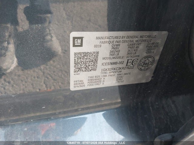 12645719 :رقم المزاد ، 1GKS2FKC3KR276222 vin ، 2019 Gmc Yukon Xl Sle مزاد بيع