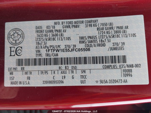 12645727 :رقم المزاد ، 1FTFW1E55JFC05508 vin ، 2018 Ford F-150 King Ranch/lariat/platinum/xl/xlt مزاد بيع