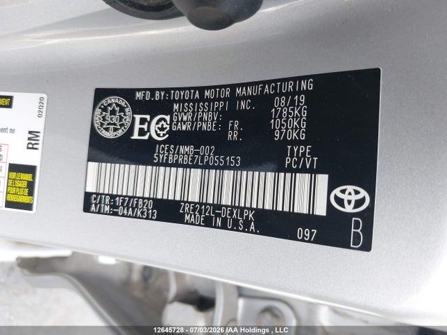 12645728 :رقم المزاد ، 5YFBPRBE7LP055153 vin ، 2020 Toyota Corolla مزاد بيع