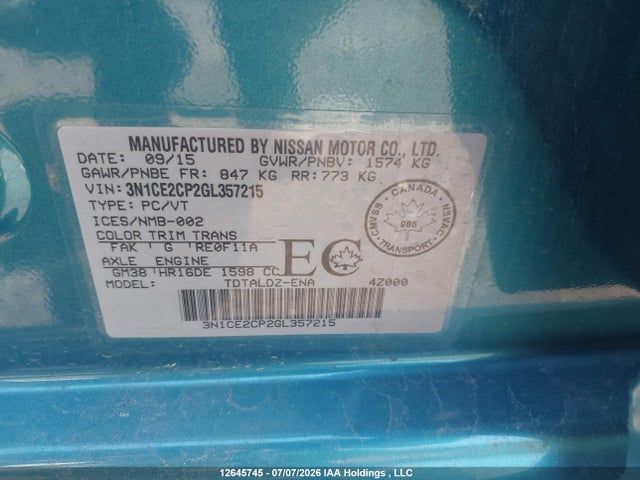 Aukcja sprzedaży 2016 Nissan Versa Note 1.6 S/1.6 Sl/1.6 Sr/1.6 Sv, vin: 3N1CE2CP2GL357215, numer aukcji: 12645745