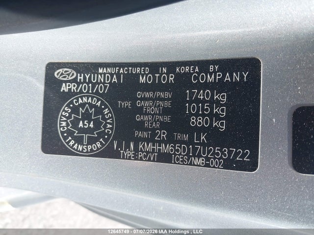 2007 Hyundai Tiburon Gs მანქანა იყიდება აუქციონზე, vin: KMHHM65D17U253722, აუქციონის ნომერი: 12645749