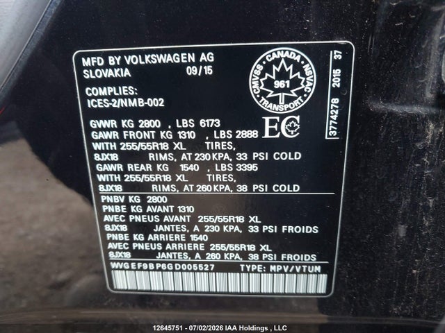 Auction sale of the 2016 Volkswagen Touareg 3.6l Comfortline/3.6l Execline/3.6l Highline/3.6l Sportline, vin: WVGEF9BP6GD005527, lot number: 12645751