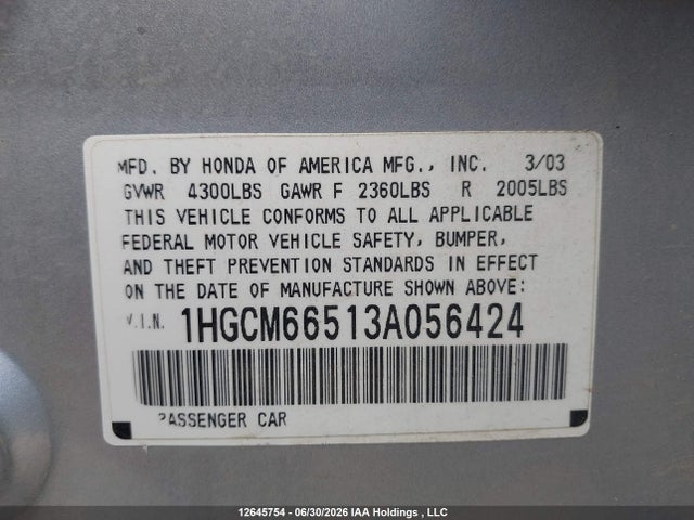 Продаж на аукціоні авто 2003 Honda Accord Sdn Ex, vin: 1HGCM66513A056424, номер лоту: 12645754