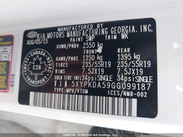 12645755 :رقم المزاد ، 5XYPKDA59GG099187 vin ، 2016 Kia Sorento Sx/sx Limited مزاد بيع