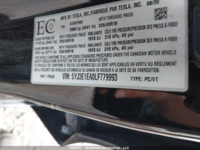 Aukcja sprzedaży 2020 Tesla Model 3 Standard Range Plus, vin: 5YJ3E1EA0LF779993, numer aukcji: 12645757