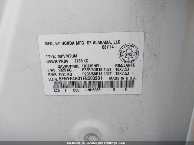 2015 Honda Pilot მანქანა იყიდება აუქციონზე, vin: 5FNYF4H31FB503201, აუქციონის ნომერი: 12645760