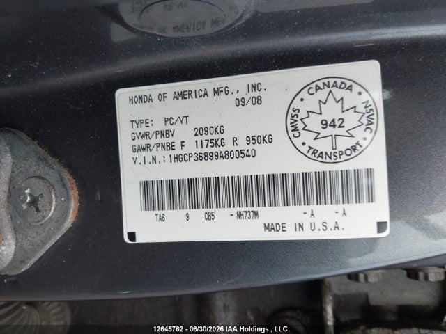 2009 Honda Accord Ex-l V6 მანქანა იყიდება აუქციონზე, vin: 1HGCP36899A800540, აუქციონის ნომერი: 12645762