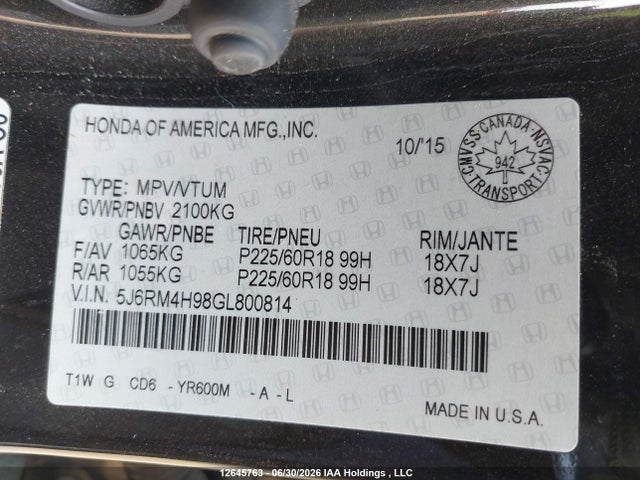 5J6RM4H98GL800814 Honda Cr-v Touring