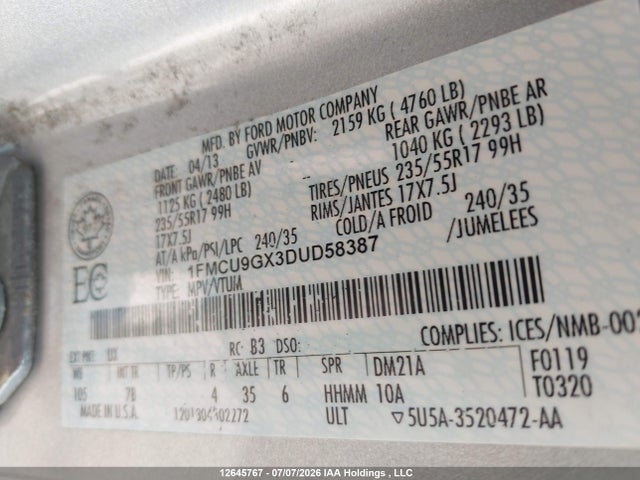 12645767 :رقم المزاد ، 1FMCU9GX3DUD58387 vin ، 2013 Ford Escape Se مزاد بيع
