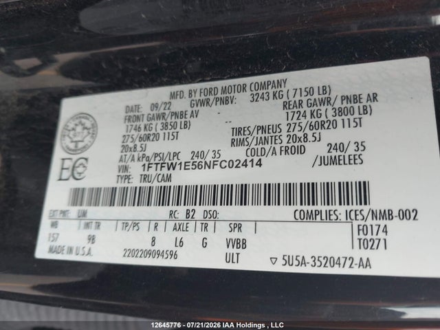 Продажа на аукционе авто 2022 Ford F150 Supercrew, vin: 1FTFW1E56NFC02414, номер лота: 12645776