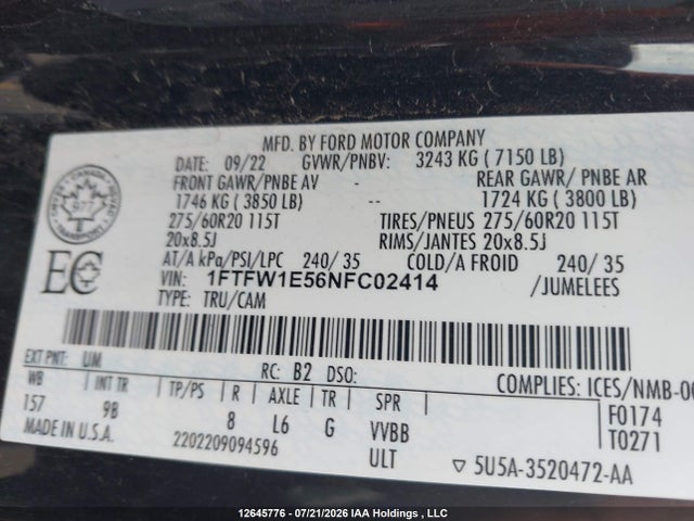Продажа на аукционе авто 2022 Ford F150 Supercrew, vin: 1FTFW1E56NFC02414, номер лота: 12645776