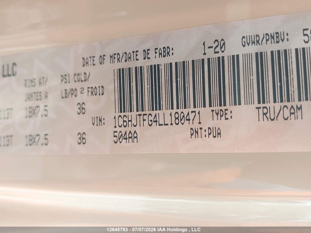 Auction sale of the 2020 Jeep Gladiator Overland, vin: 1C6HJTFG4LL180471, lot number: 12645793