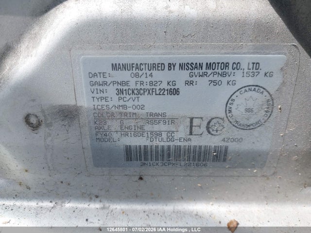 2015 Nissan Micra S/sr/sv მანქანა იყიდება აუქციონზე, vin: 3N1CK3CPXFL221606, აუქციონის ნომერი: 12645801