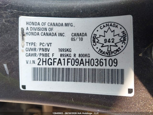 2010 Honda Civic Exl მანქანა იყიდება აუქციონზე, vin: 2HGFA1F09AH036109, აუქციონის ნომერი: 12645803