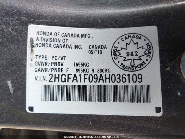 2010 Honda Civic Exl მანქანა იყიდება აუქციონზე, vin: 2HGFA1F09AH036109, აუქციონის ნომერი: 12645803