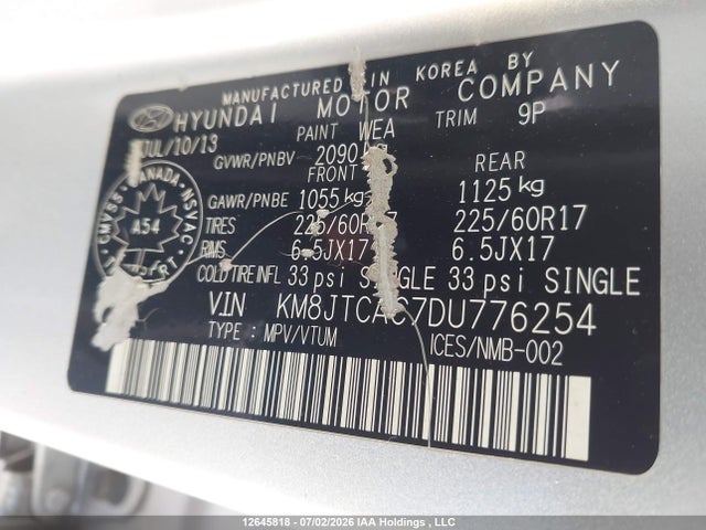 Aukcja sprzedaży 2013 Hyundai Tucson Gl, vin: KM8JTCAC7DU776254, numer aukcji: 12645818